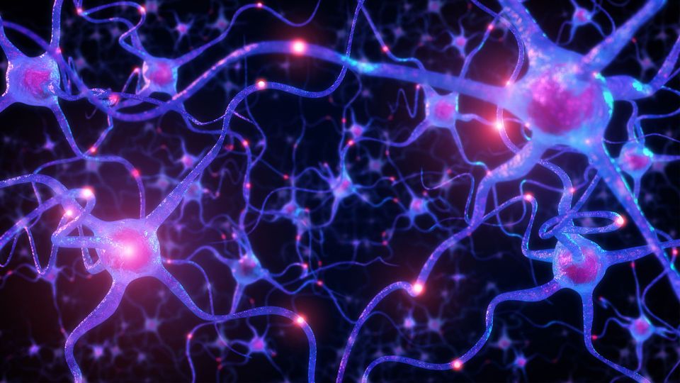 Purple neurons form connections with each other, symbolizing a molecular connection between HIV and Alzheimer's