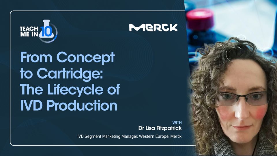 Headshot of Dr. Lisa Fitzpatrick next to the title of her presentation “From Concept to Cartridge: The Lifecycle of IVD Production”