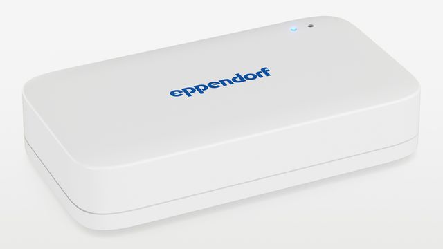 Eppendorf VisioNize® Box 2, a compact white laboratory device with indicator lights, used for digital monitoring and connectivity in lab equipment management. 