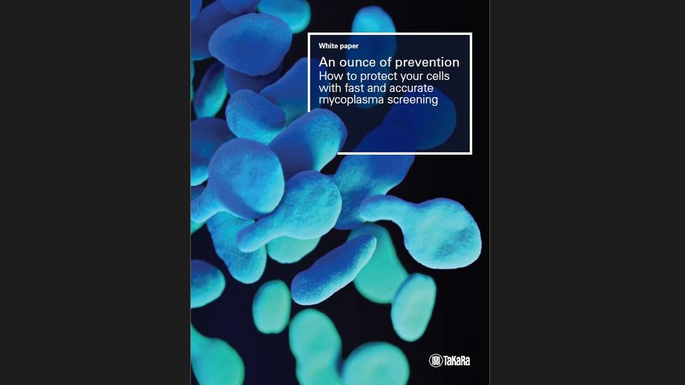 Blue microscopic cells with white paper title: “An ounce of prevention – mycoplasma screening for cell protection” by Takara