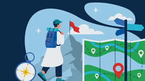 Illustration of a person in a lab coat and backpack hiking toward a mountain peak with a red flag standing beside a large map.