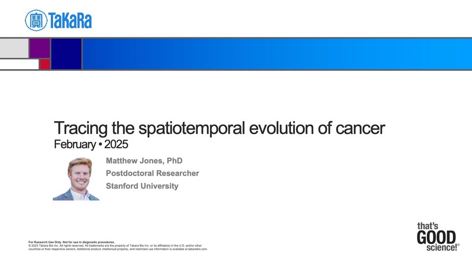 Webinar slide titled “Tracing the spatiotemporal evolution of cancer,” February 2025, by Matthew Jones, PhD, Stanford University