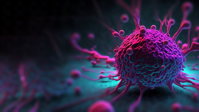 3D illustration of a cancer cell under a microscope, used in cancer risk prediction research. 