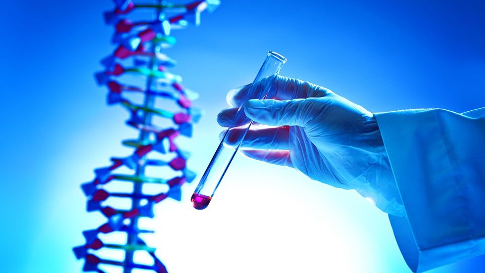 A scientist holding a test tube in front of a model of a DNA double helix.