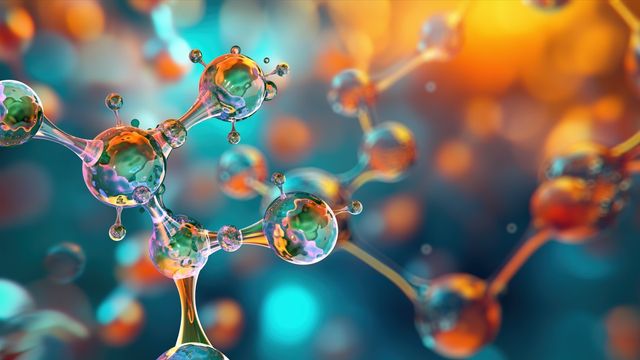 Colorful 3D molecular structure illustration representing chemical compounds and drug discovery research in pharmaceutical development. 