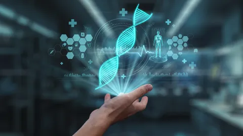 A hand holding a holographic DNA double helix with medical and scientific graphics, symbolizing biotechnology or genetic research.