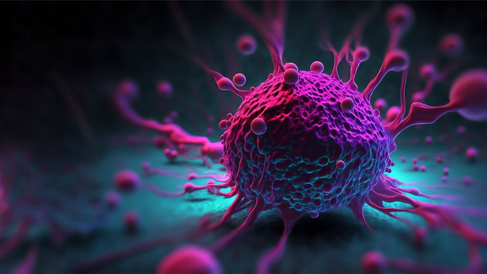 A cancer cell with molecules appearing from its surface, illustrating metastasis.