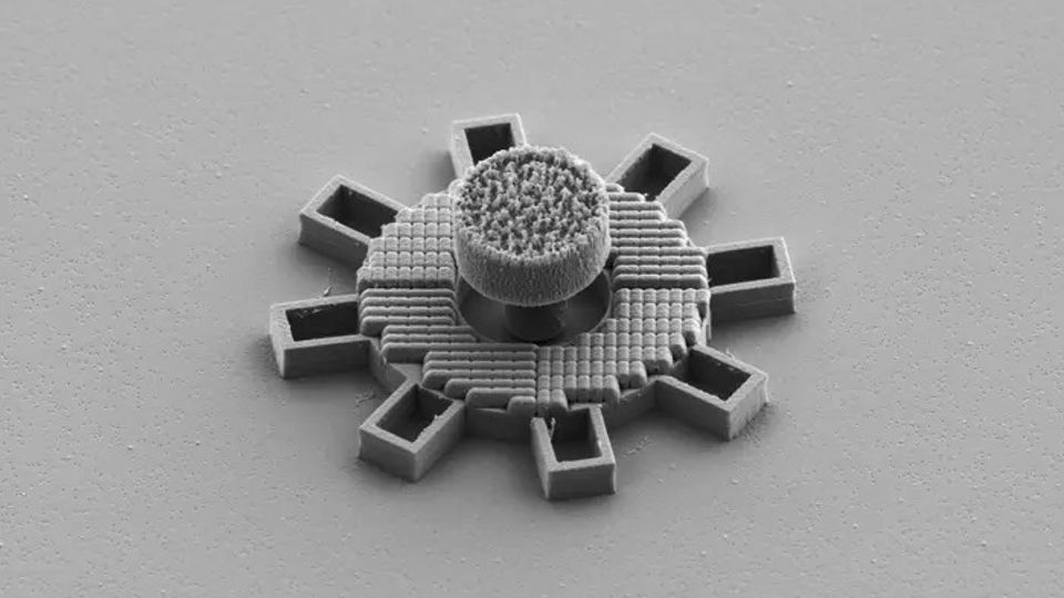 A microscopy image of the microscale gear, featuring a unique surface pattern metastructure that will respond to laser light.
