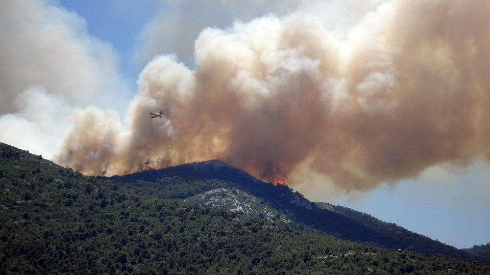 Wildfire smoke billowing from a large hill, as a firefighting plane flies overhead.