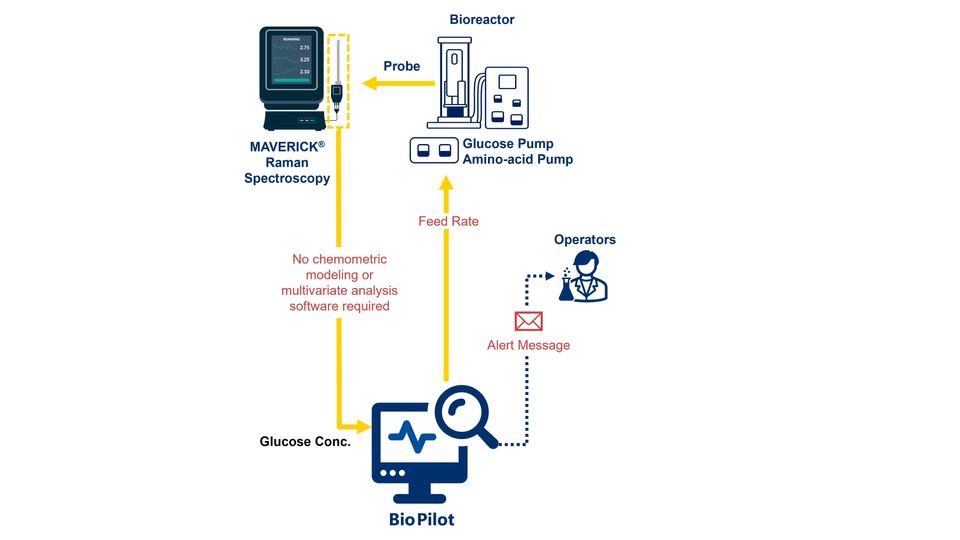 Workflow diagram of Yokogawa’s OpreX Bio Pilot system integrating Raman spectroscopy and bioreactor control.