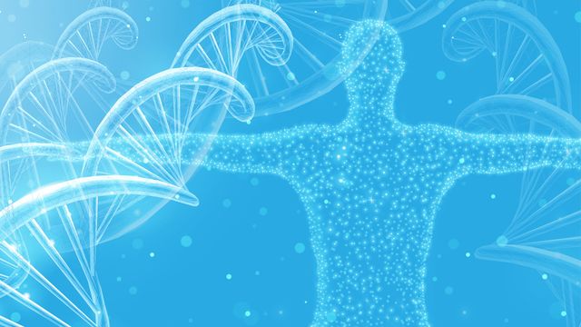 Digital illustration of a human figure with DNA strands representing multiomics data integration. 