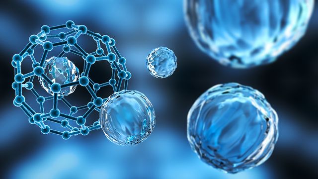 3D rendering of nanoparticles designed for targeted drug delivery in a biological environment. 