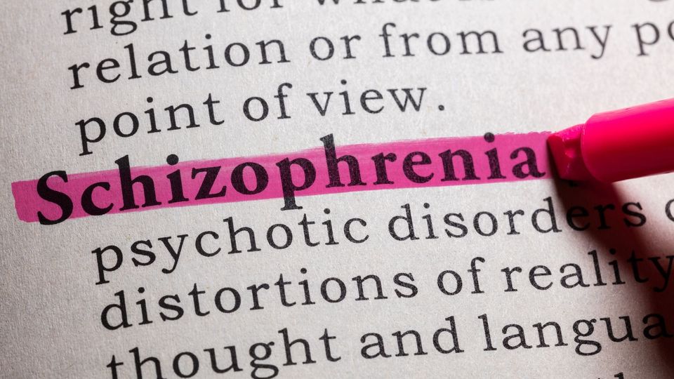 The word schizophrenia highlighted in pink in a dictionary definition.