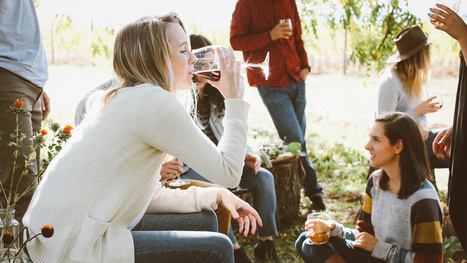 Group of friends outdoors, drinking wine and enjoying a casual gathering.