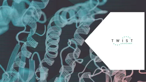 Wireframe protein structures with Twist Bioscience logo, representing protein engineering.