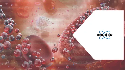 3D illustration of blood cells and molecular structures highlighting biomarker research, with Bruker logo.
