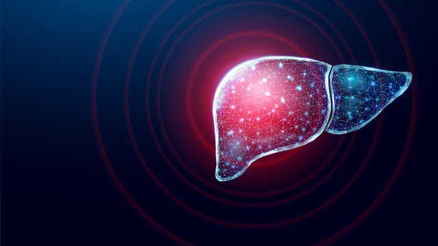 A graphic of a blue liver with a red glow. Black/navy background. 