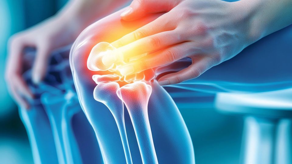 A knee in blue with bones showing like an X-ray. Hand is holding knee at orange/yellow radiating circle, indicating pain.