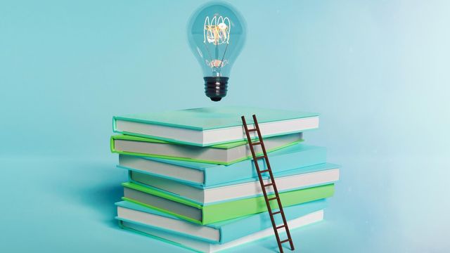 Ladder resting upon a stack of blue and green books with a lightbulb at the top, representing data literacy. 