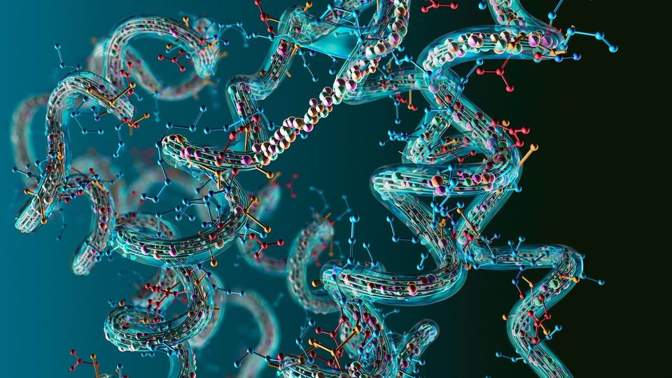 3D molecular structure illustration representing proteomics and protein analysis.