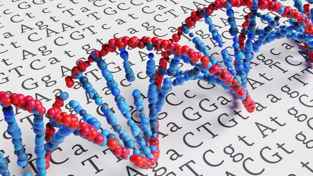3D DNA strand illustration over genetic code text representing sequencing. 