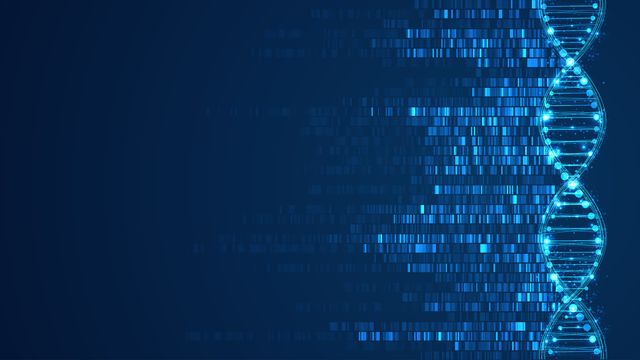 Digital DNA strand with binary code pattern symbolizing genetic sequencing. 