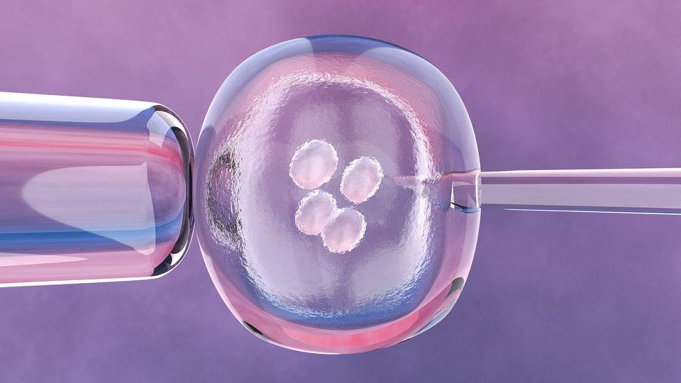 3D illustration of a pipette injecting material into a cell, symbolizing cell therapy.