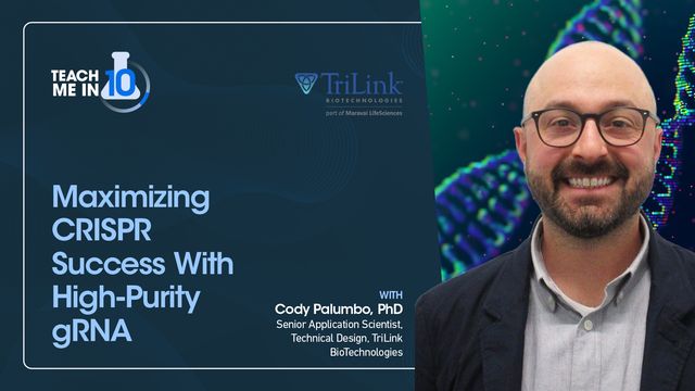 Cody Palumbo smiling next to the title of his presentation "Maximizing CRISPR Success With High-Purity gRNA." 