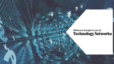 Abstract blue digital background with currency symbols and text overlay: Webinars brought to you by Technology Networks.