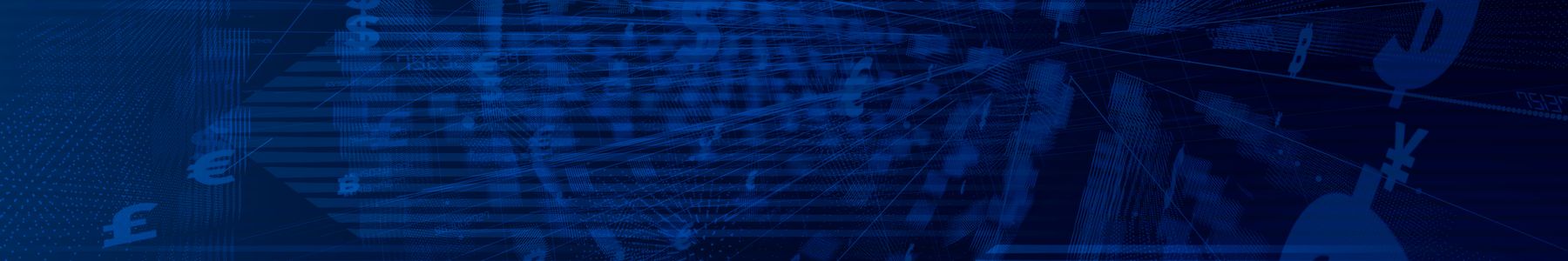 Abstract blue digital background with dollar, euro, yen and pound symbols representing global finance and markets. 