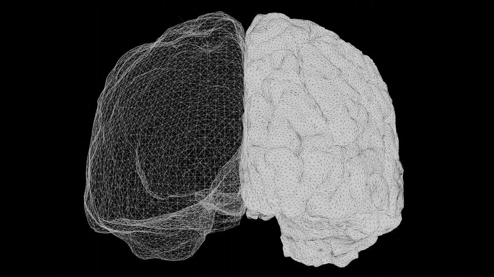 A graphic of a brain, black and white, divided down the centre. Black background.