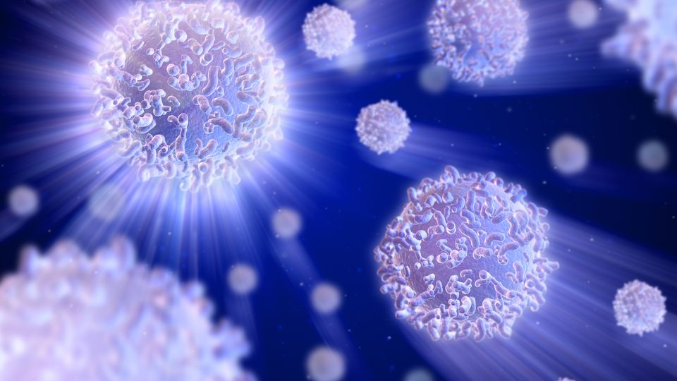 A digital illustration showing T cells, racing against a blue background.