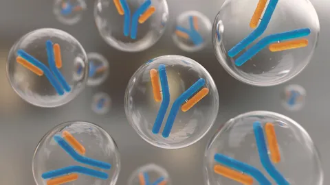 Blue-orange antibody icons in transparent droplets illustrating antibody purification for LC-MS.