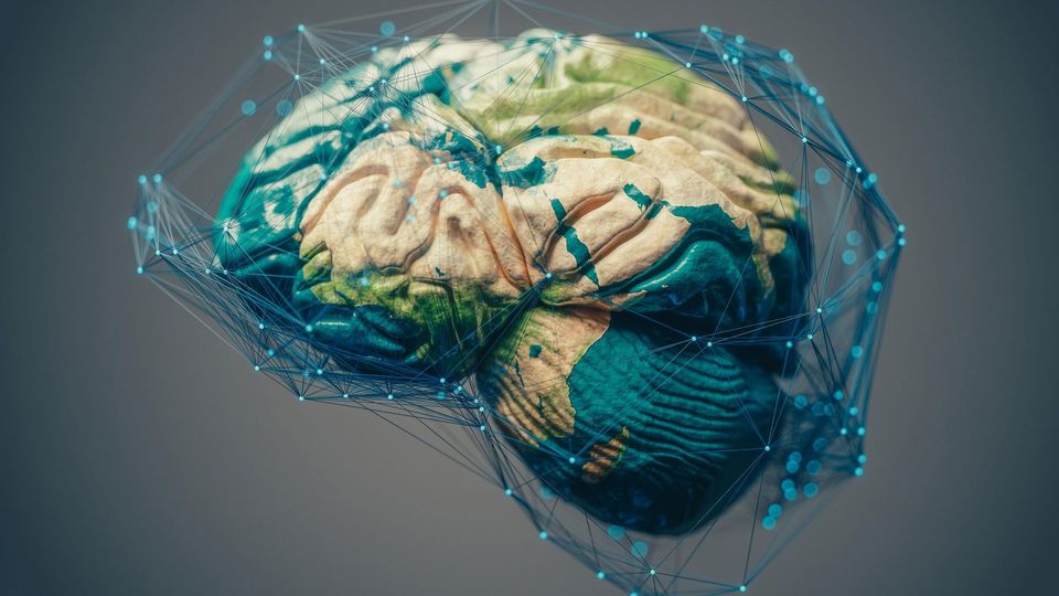 Illustration of human brain with network around it.