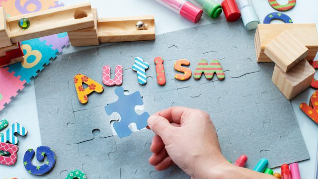 Jigsaw puzzle with marble run and building blocks around the outside, with "autism" spelt on the puzzle. 