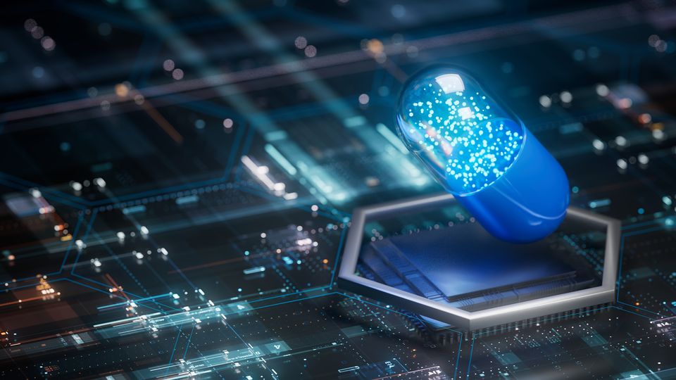 Futuristic looking blue drug capsule sitting on a digitalized interface. 