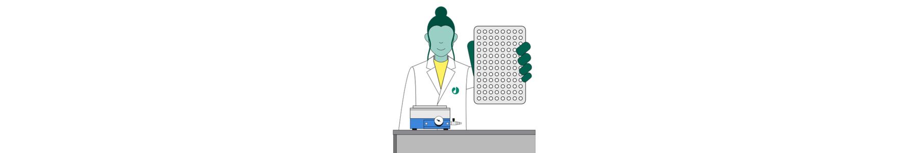 Illustration of a scientist handling lab equipment for sample preparation in a blue background. 