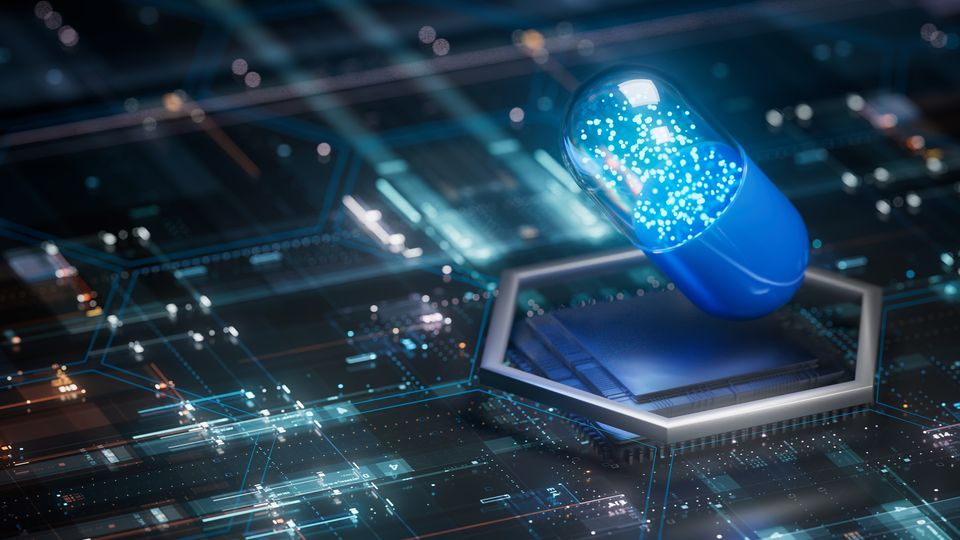 Futuristic digital pill hovering over a microchip, symbolizing AI in pharmaceutical technology.