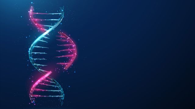 Digital illustration of a glowing DNA strand representing advanced genetic sequencing technology. 