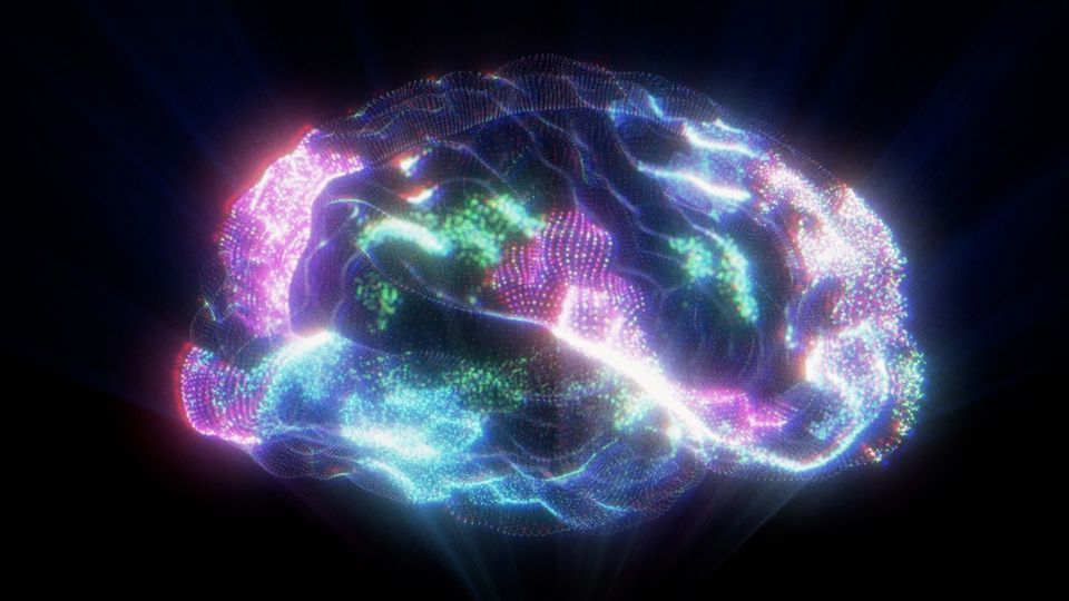 A 3D rendering of a brain, with interconnected dots across the surface symbolizing brain activity.