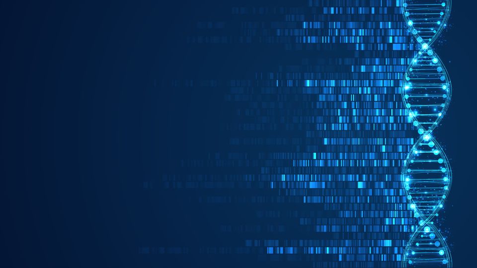 Glowing DNA helix surrounded by barcodes representing DNA sequencing.