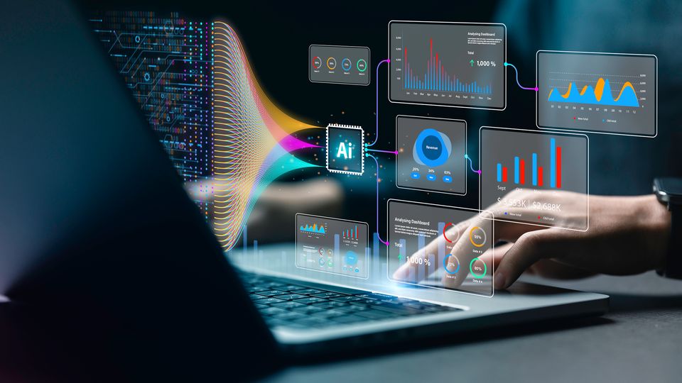 Person using AI-powered data analytics on a laptop with digital charts and graphs displayed.