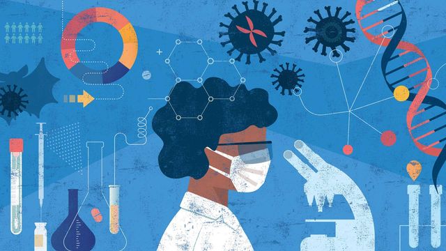 Illustration of a Black scientist positioned as a side profile, wearing a mask looking into a microscope on a blue background surrounded by lab equipment icons. 