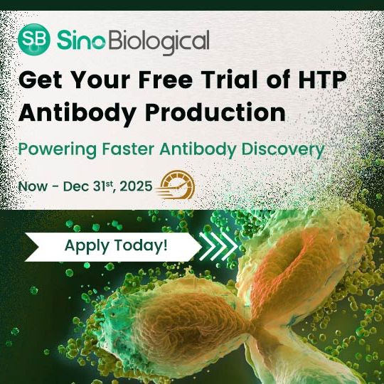 Sino Biological ad offering a free HTP antibody production trial until Dec 31, 2025, with “Apply Today” button 