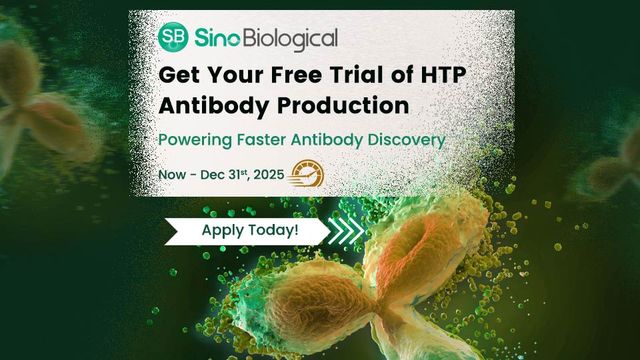 Sino Biological ad offering a free HTP antibody production trial until Dec 31, 2025, with “Apply Today” button 