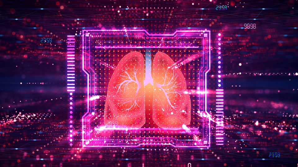 Futuristic digital illustration of lungs representing interstitial lung disease diagnostics.