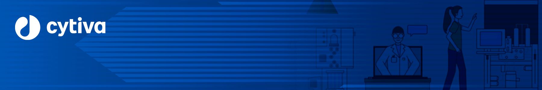 Illustration of a futuristic lab with virtual support, automation equipment and Cytiva branding 