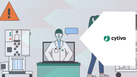 Illustration of a futuristic lab with virtual support, automation equipment and Cytiva branding