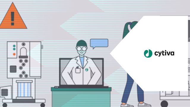 Illustration of a futuristic lab with virtual support, automation equipment and Cytiva branding 