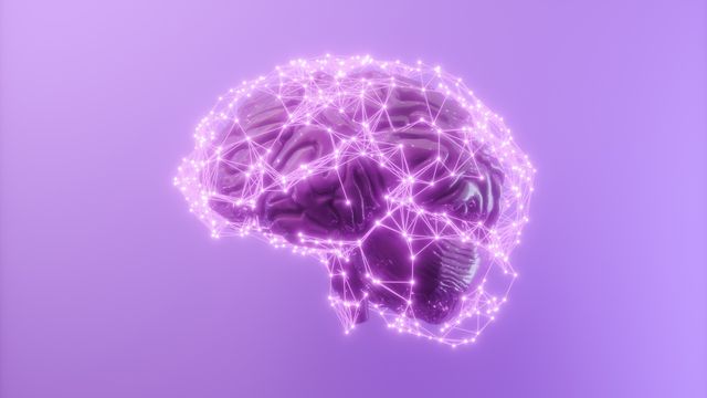 Illustration of a purple human brain covered in glowing connections, representing signaling between cells in the brain. 